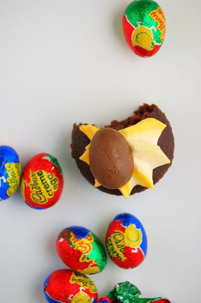 Overhead shot of Cadbury Creme Egg Cupcake 