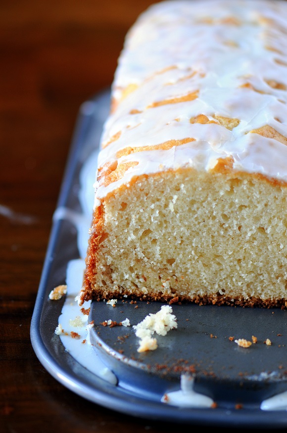 Shot of the cake still on it's tin cut open.