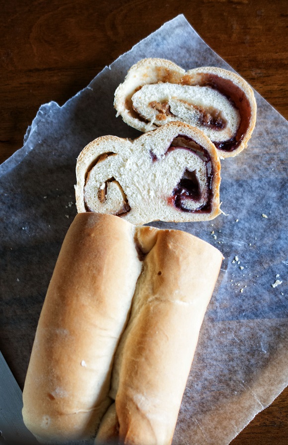 Overhead shot of PB and J bread. 