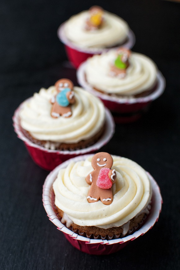 Row of four Gingerbread Cupcakes with focus on the first cupcake
