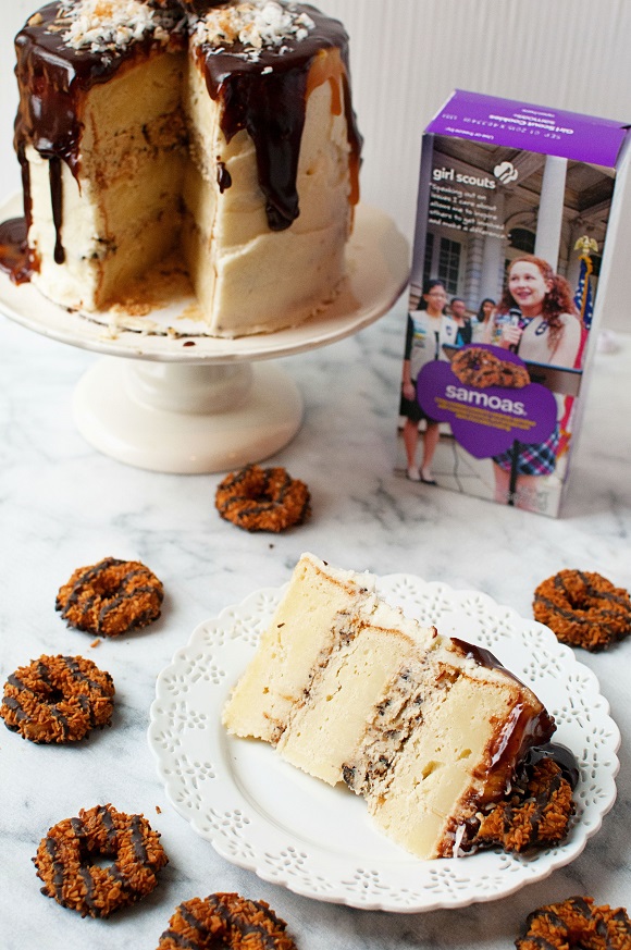 Samoa Mascarpone Layer Cake with box of cookies