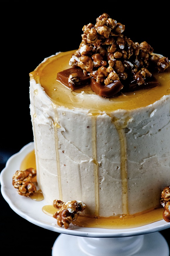 Caramel Corn Caramel Layer Cake side view.