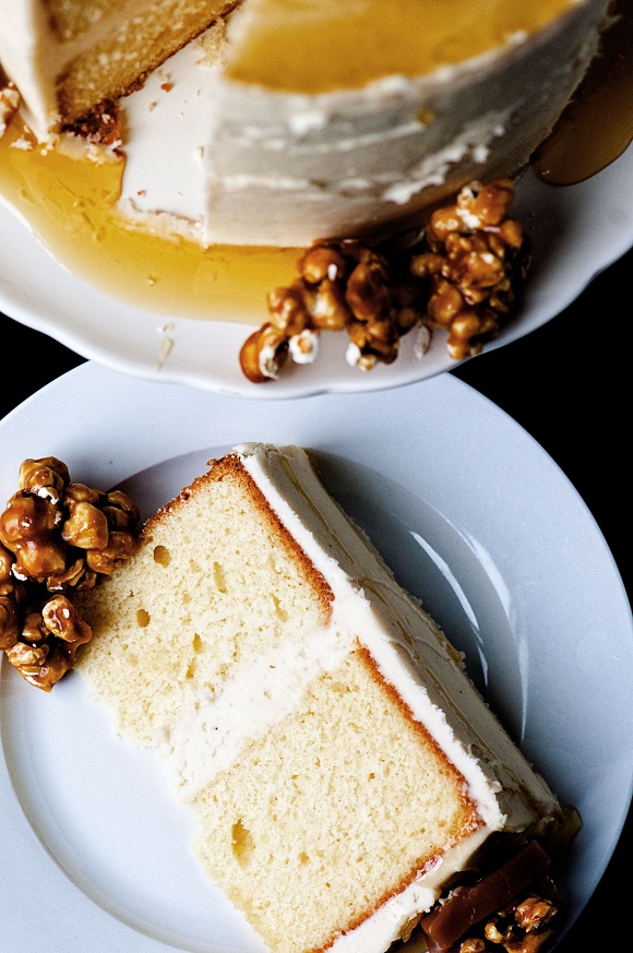 Slice of Caramel Corn Caramel Layer Cake