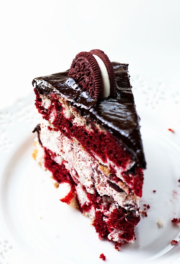 Slice of Red Velvet Marble Cake with Red Velvet Oreo Cream Cheese Bavarian Filling