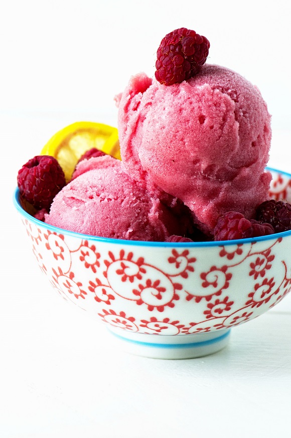 Side view of bowl of Raspberry Lemonade Sorbet