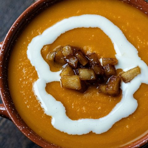 Butternut Squash Soup with Caramelized Apples and Maple Cider Cream