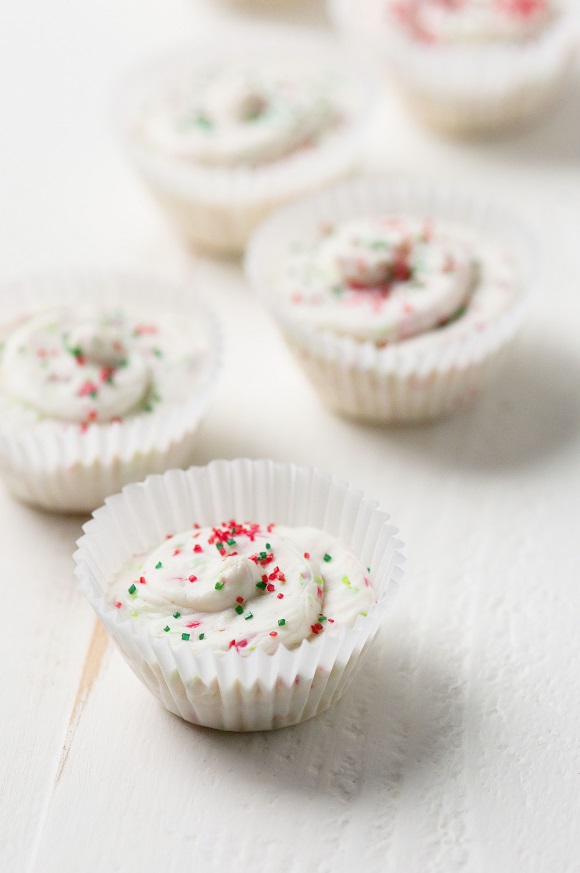 Side view of the Sugar Cookie Dough Truffle Cups in paper liner cups.