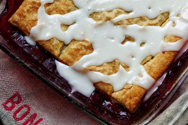 Overhead shot of corner of the Cherry Toaster Strudel Cobbler 