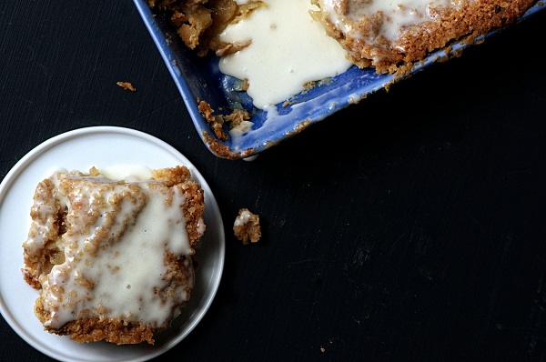 Overhead shot of iced oatmeal cookie apple cobbler 