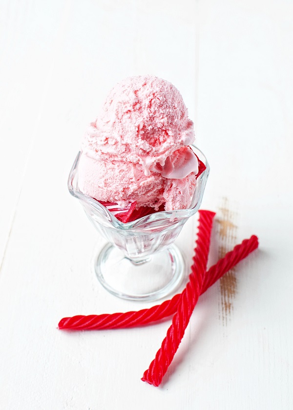 Red Licorice Ice Cream in glass dish