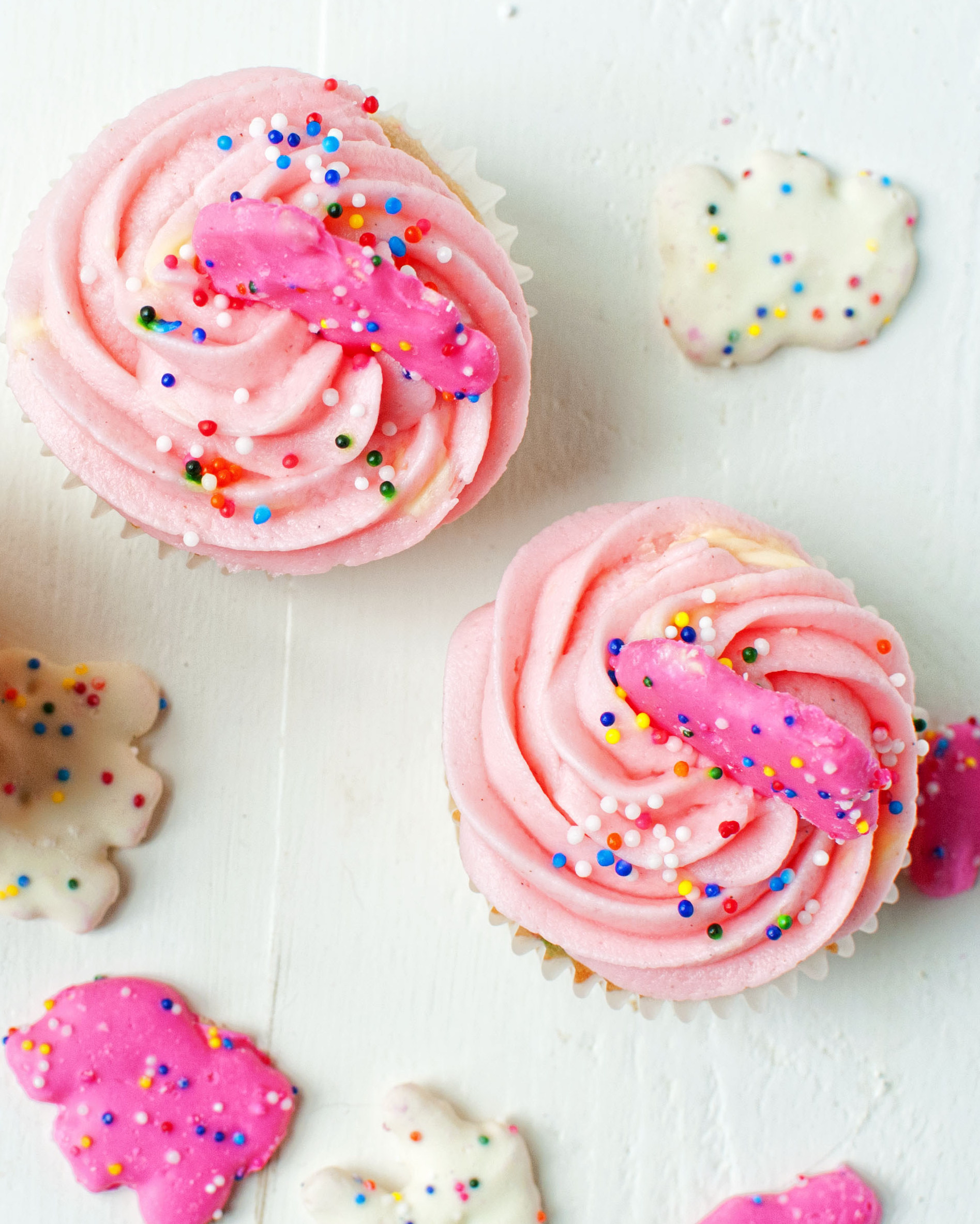 Overhead shot of Circus Animal Cookie Cupcakes