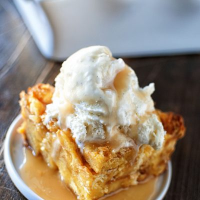 Eggnog Bread Pudding with Spiced Rum Caramel Sauce