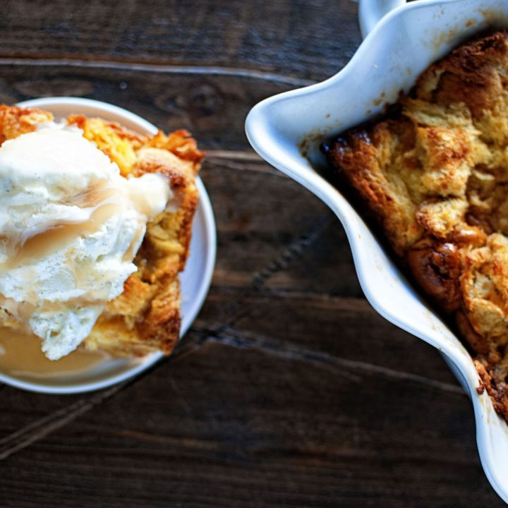 Eggnog Bread Pudding with Spiced Rum Caramel Sauce