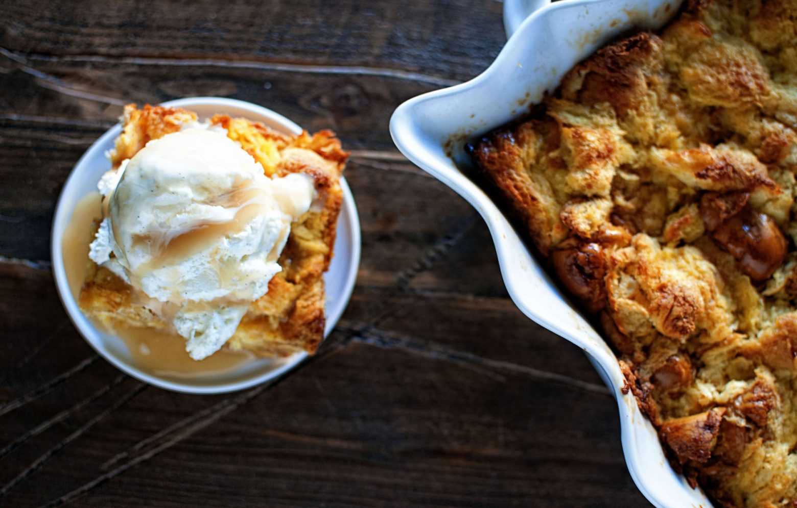 Eggnog Bread Pudding with Spiced Rum Caramel Sauce