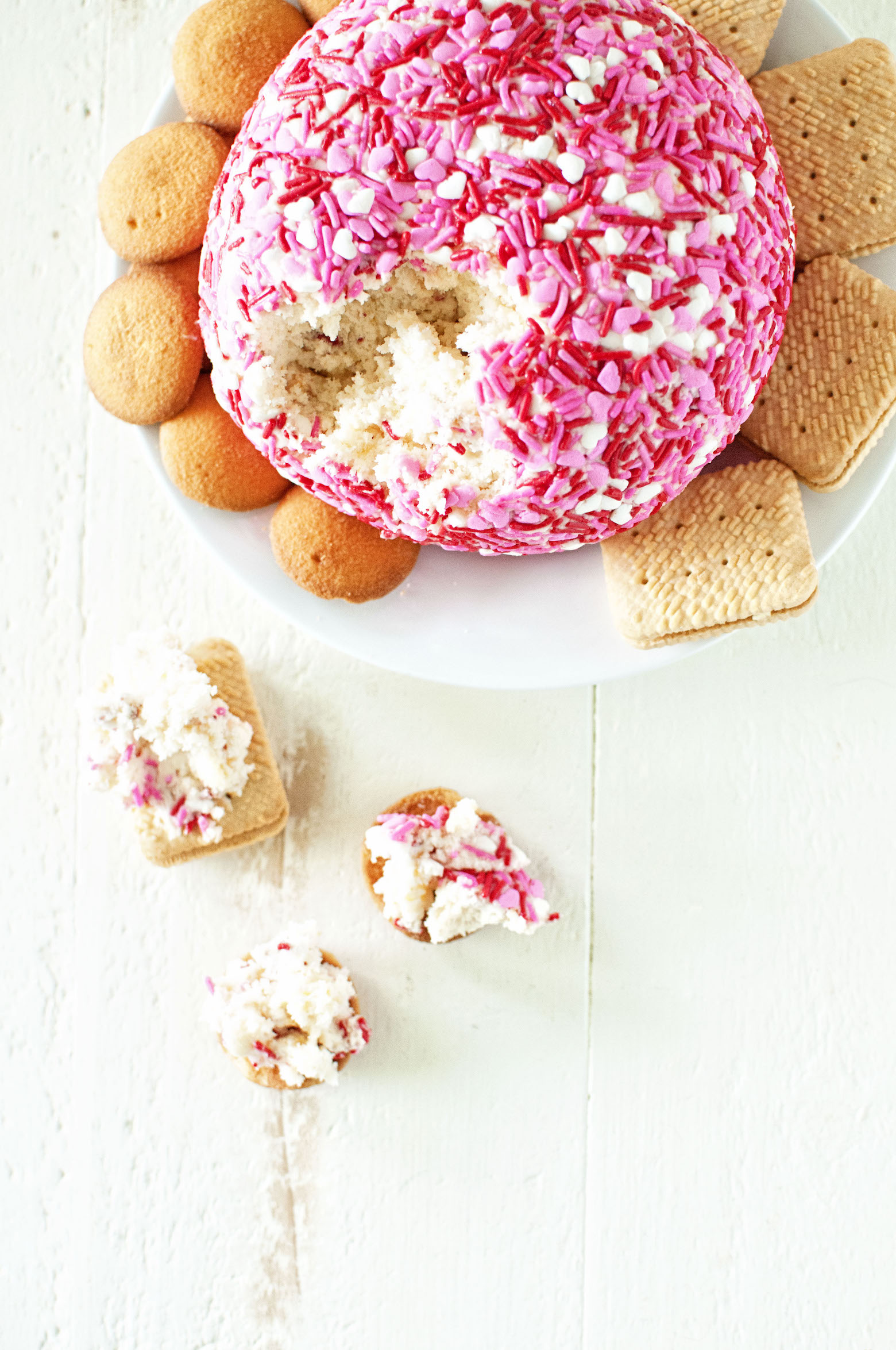 Angel Food Cake and Strawberry Cheesecake Cheeseball overhead view