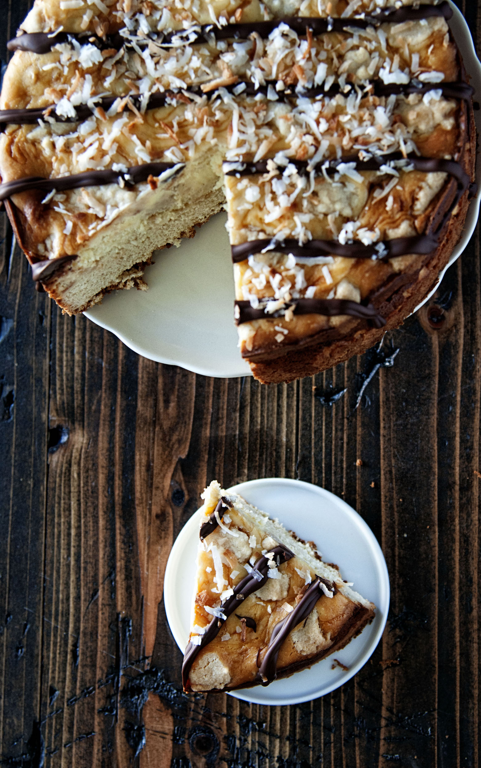 Overhead view of Samoas Cheesecake Coffee Cake