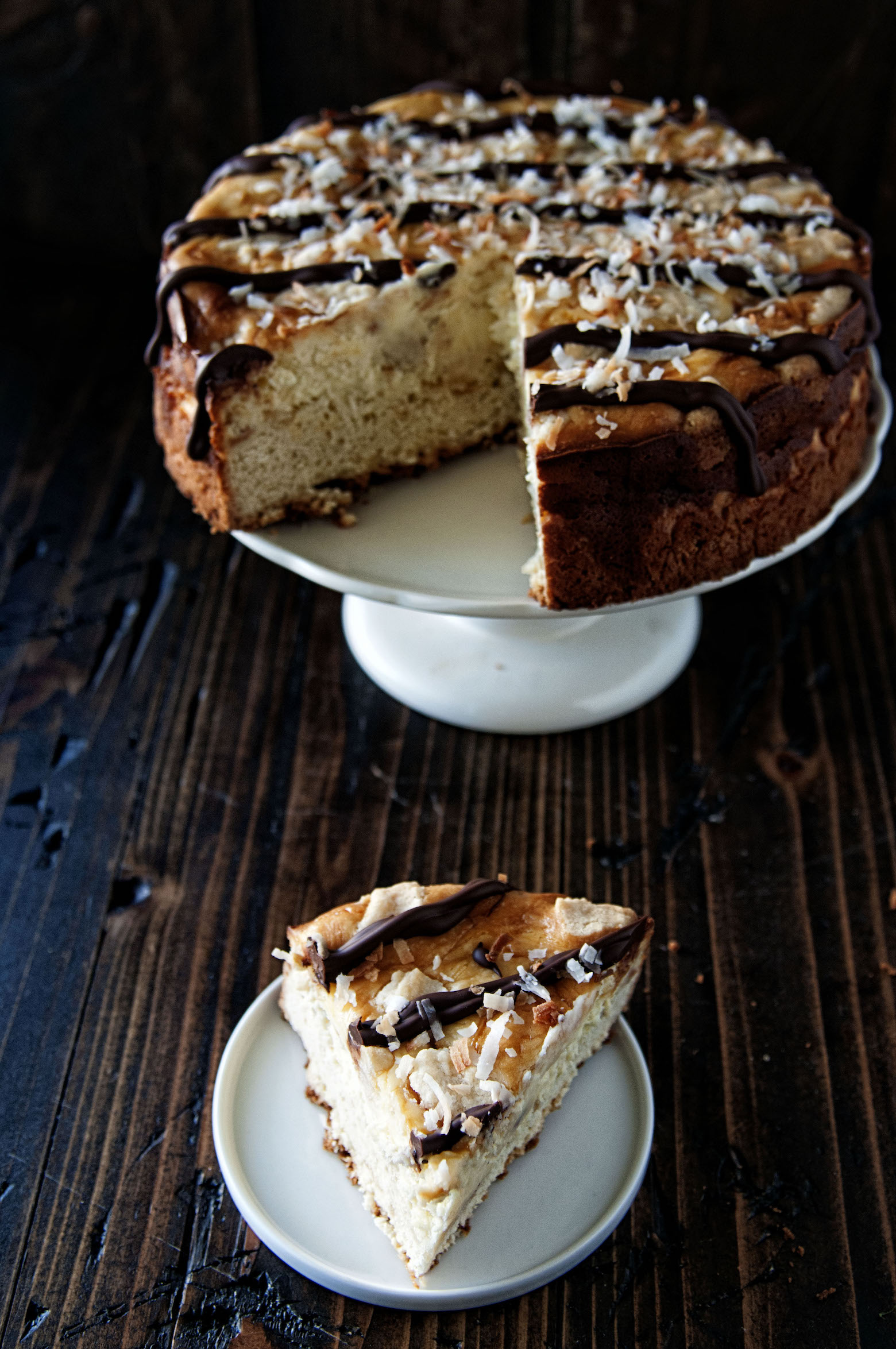 Samoas Cheesecake Coffee Cake with piece cut out. 