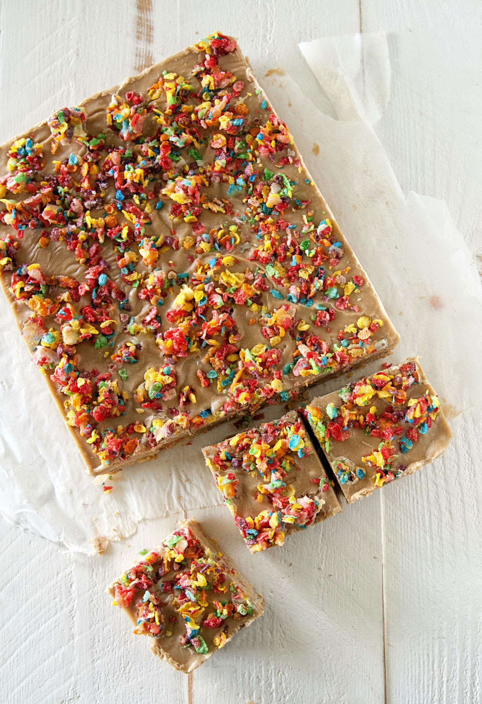 Overhead shot of Fruity Pebbles Salted Caramel Blondies