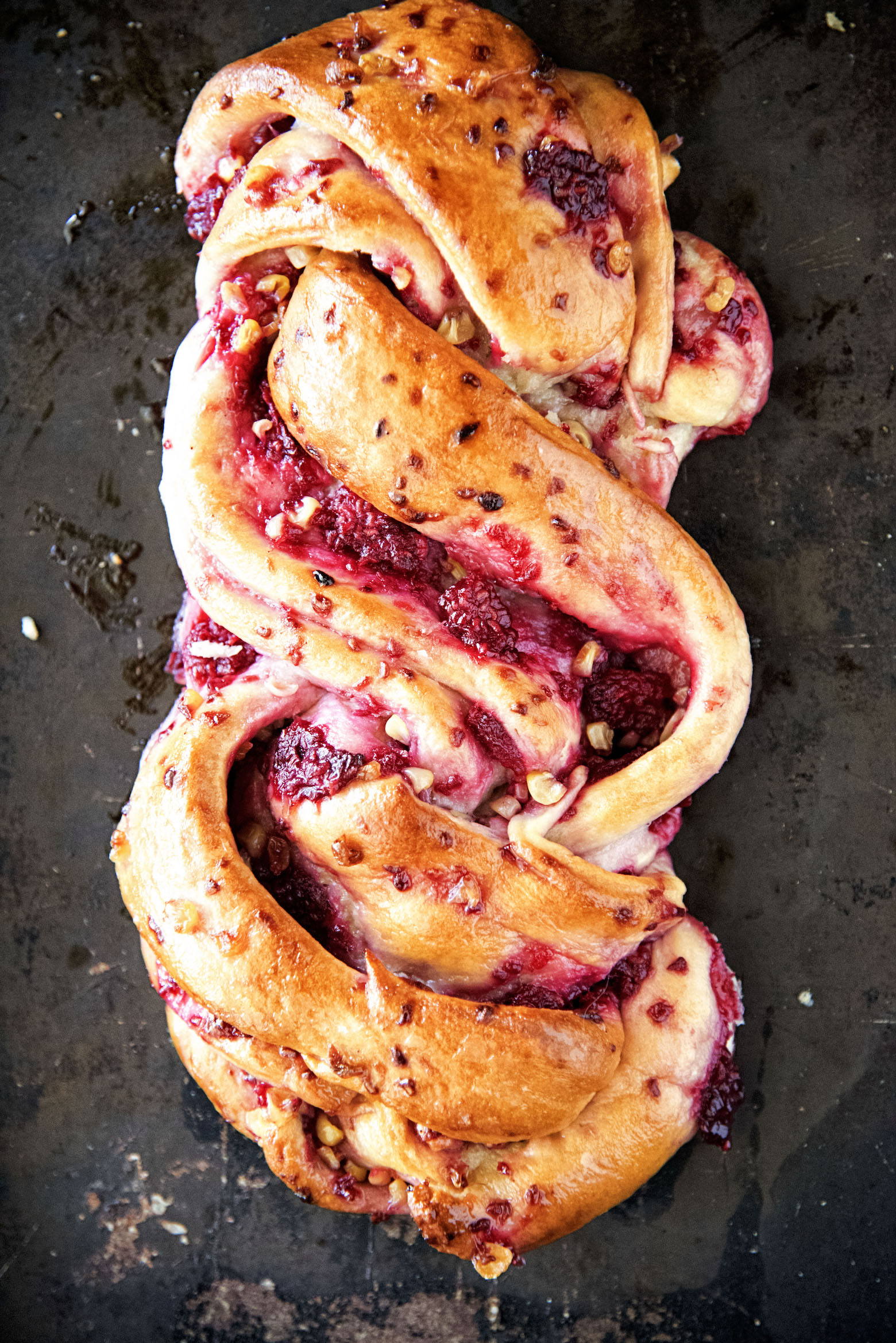 Overhead shot of Sweet Corn and Raspberry Babka