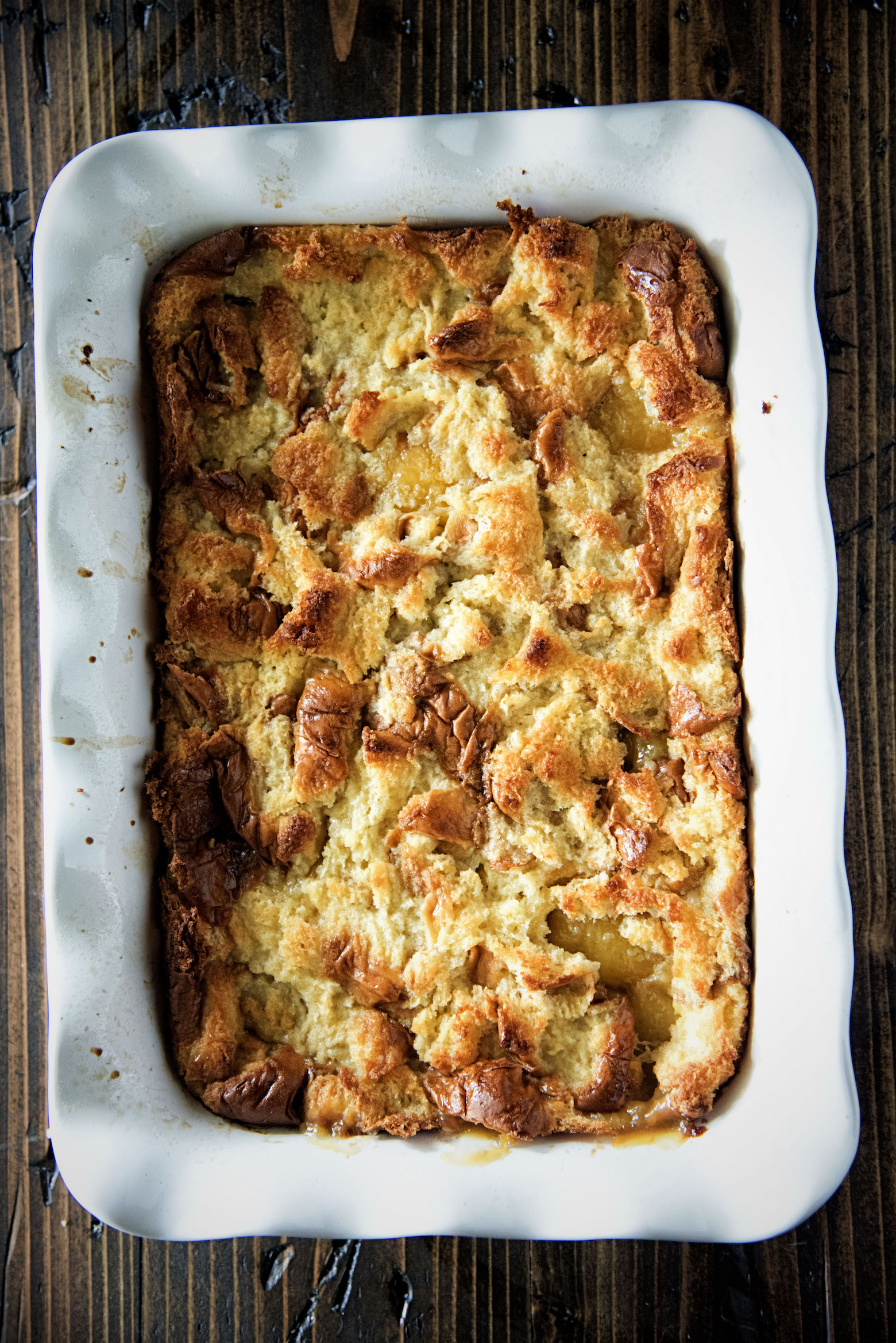 Overhead shot of full dish of bread pudding. 