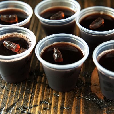 Black Cherry Spiced Rum and Cola Jelly Shots