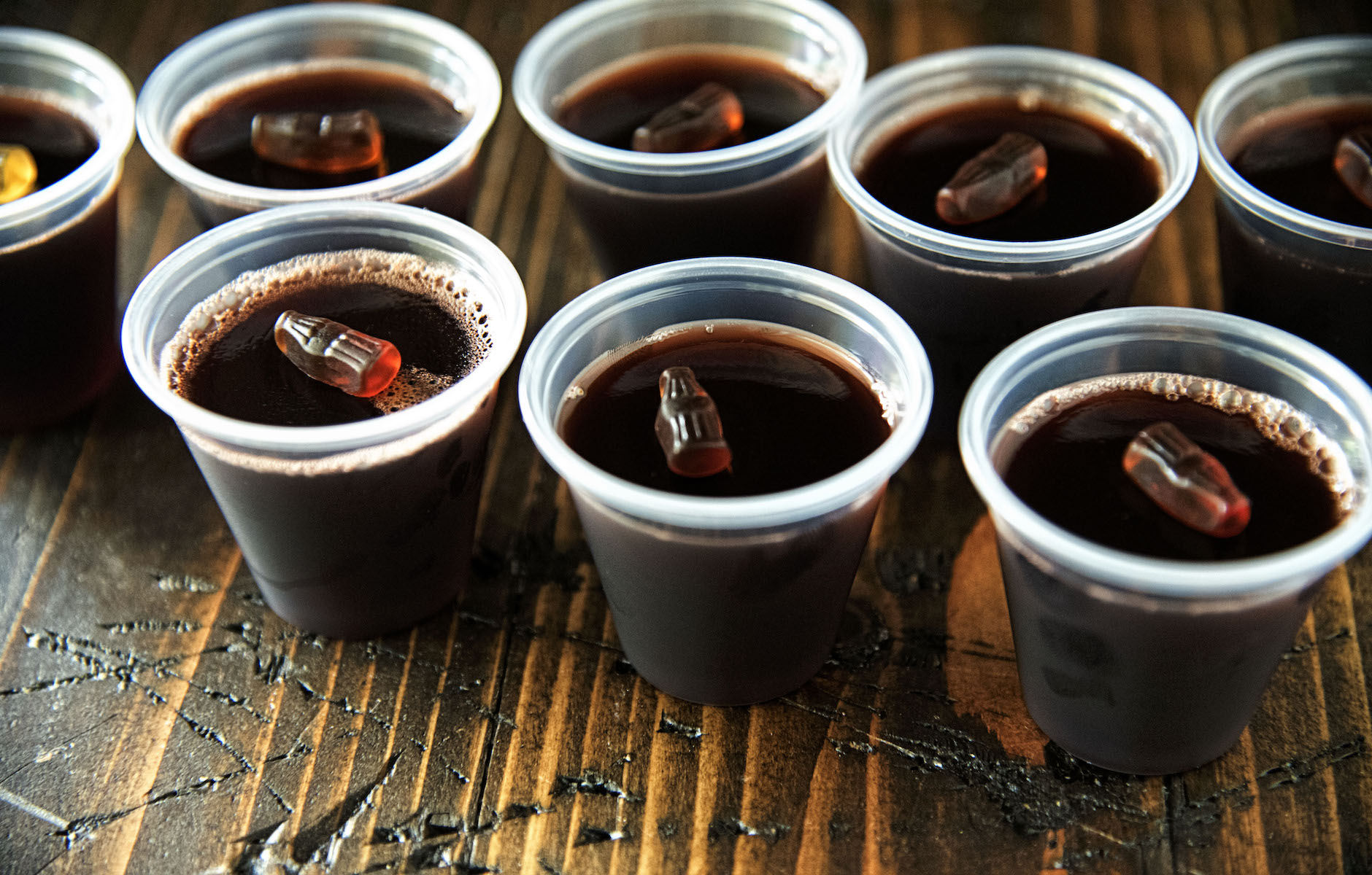 Black Cherry Spiced Rum and Coke Jell-O Shots in a row