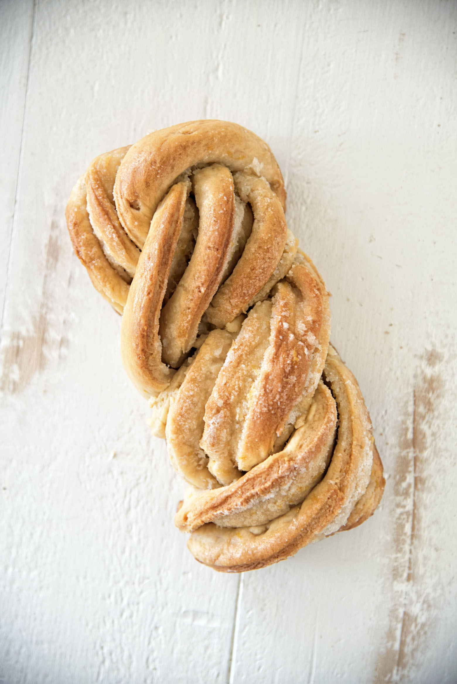 Overhead shot of babka showing braided bread. 