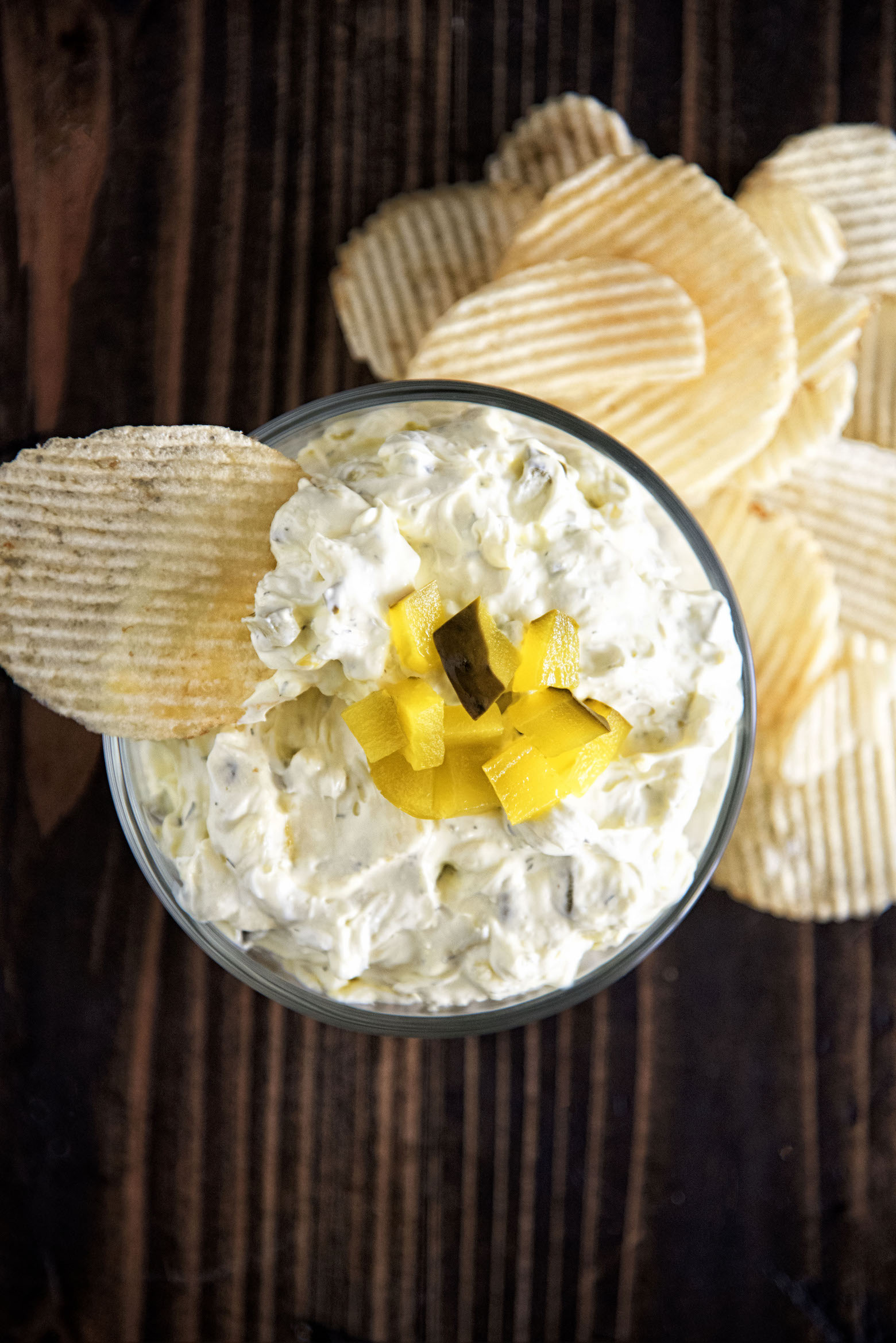 Overhead shot of Cream Cheese Dill Pickle Dip