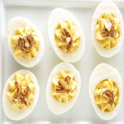 Honey Mustard Pretzel Deviled Eggs