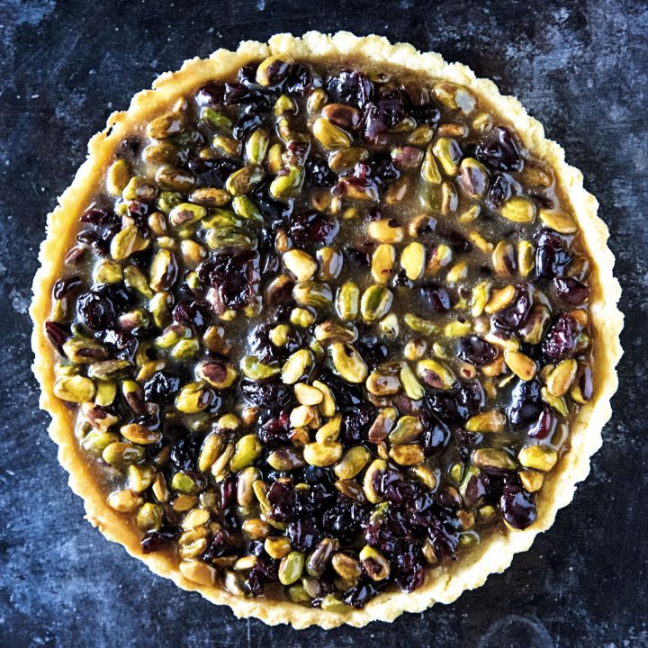 Pistachio Dried Cranberry Caramel Tart 