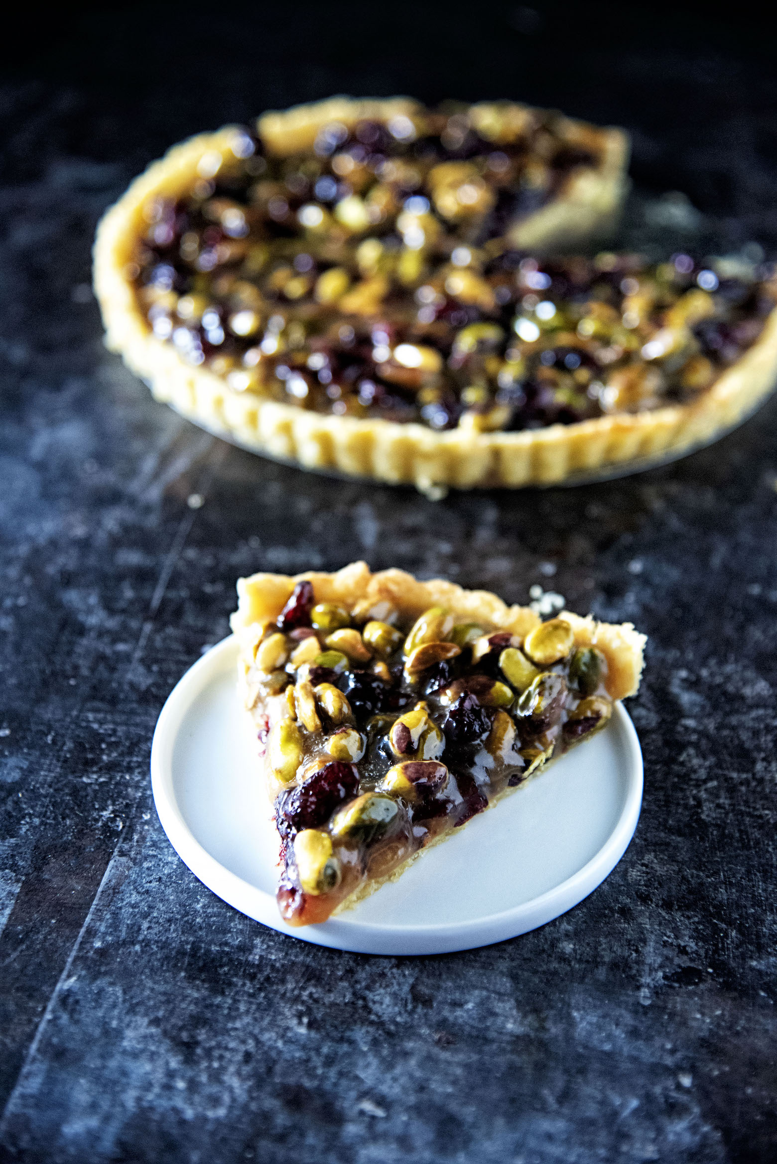 Pistachio Dried Cranberry Caramel Tart