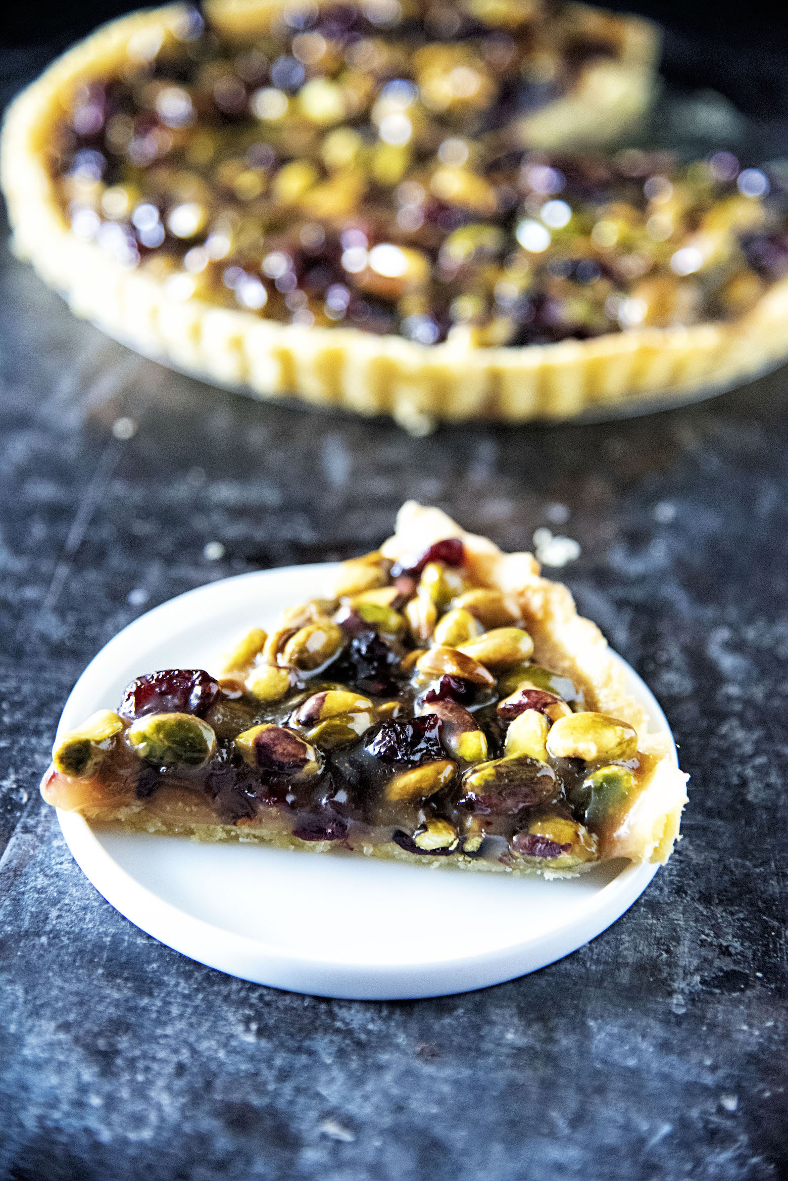 Pistachio Dried Cranberry Caramel Tart 