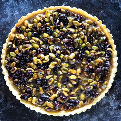 Pistachio Dried Cranberry Caramel Tart