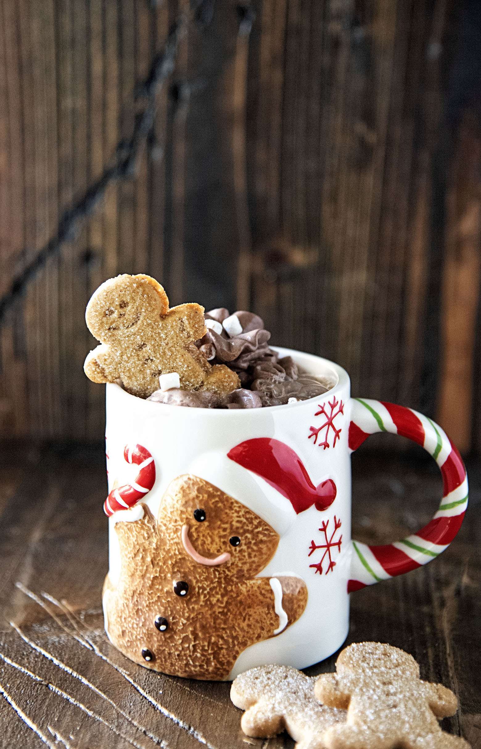 Spiked Gingerbread Hot Chocolate with gingerbread cookie sticking out.