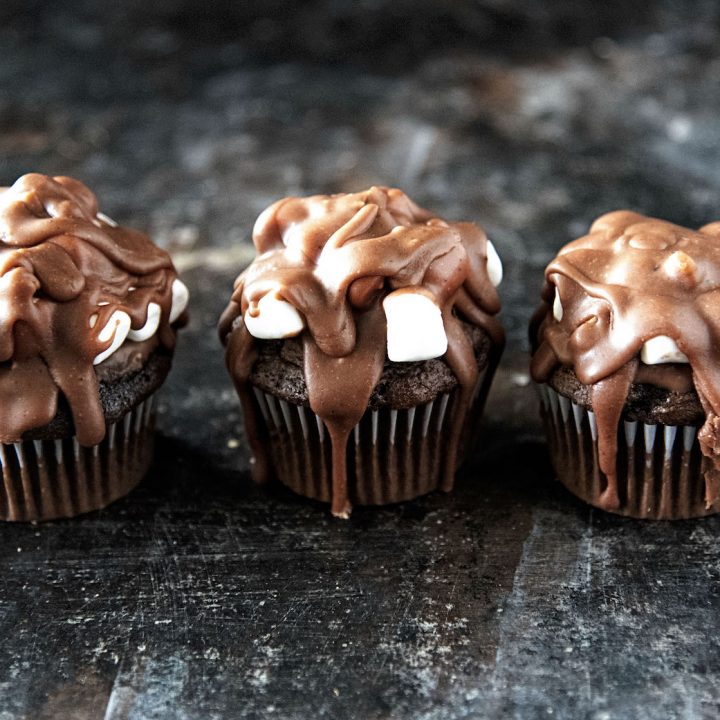 Chocolate Glazed Rocky Road Cupcakes 