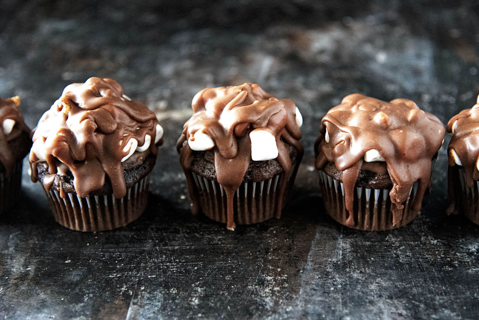 Chocolate Glazed Rocky Road Cupcakes 