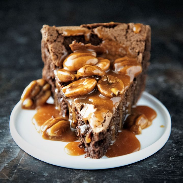 Fireball Caramel Pecan Topped Chocolate Cinnamon Flourless Cake