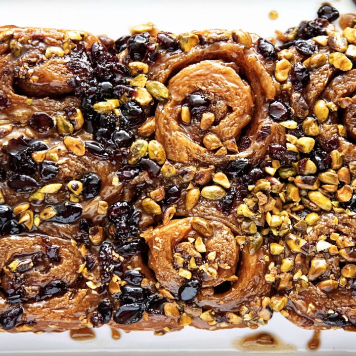 Orange Blossom Honey Pistachio Cranberry Sticky Buns 