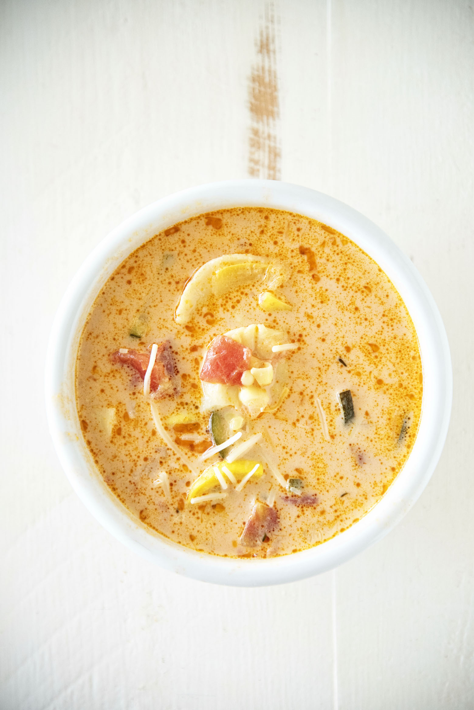 Overhead shot of Cheese Tortellini Zucchini Corn Soup 