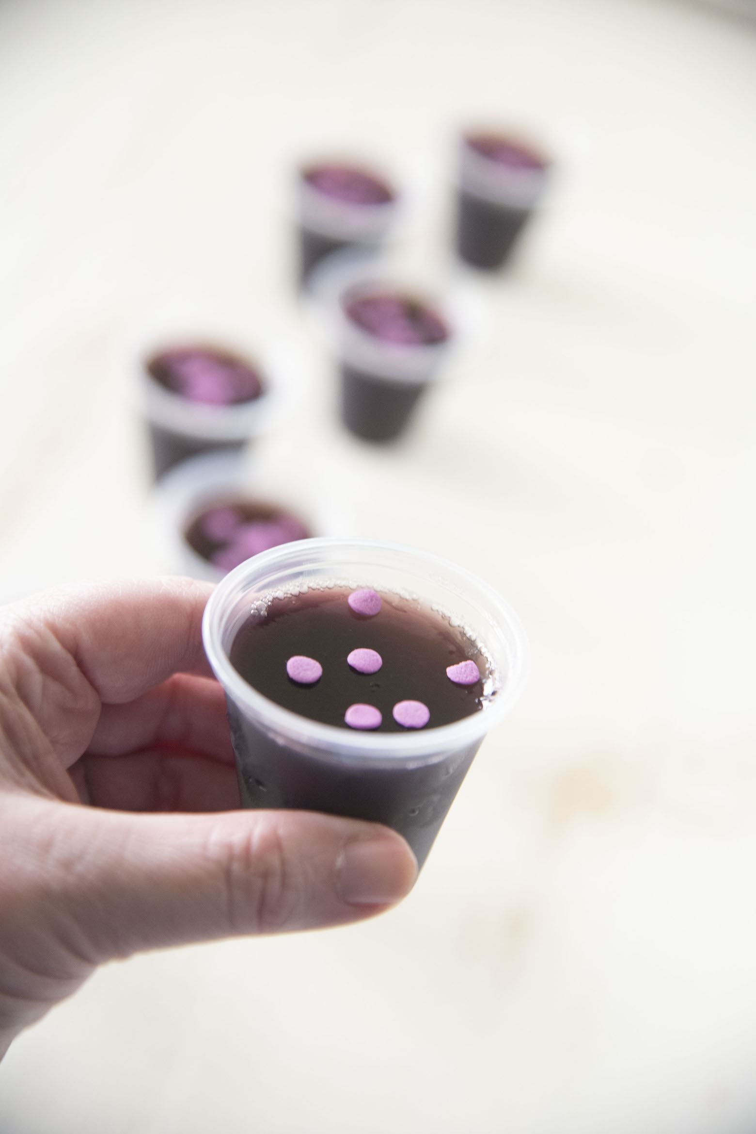 Close up of Grape Limeade Vodka Jello Shot