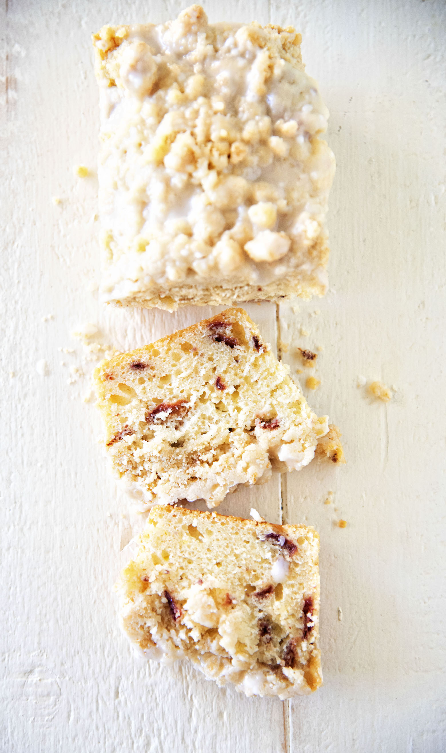 Overhead of sliced Strawberry Lemonade Crumb Cake