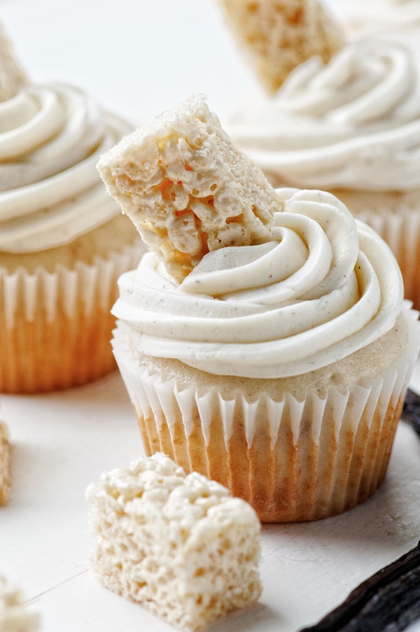Side view of Vanilla Bean Rice Krispie Treat Cupcakes
