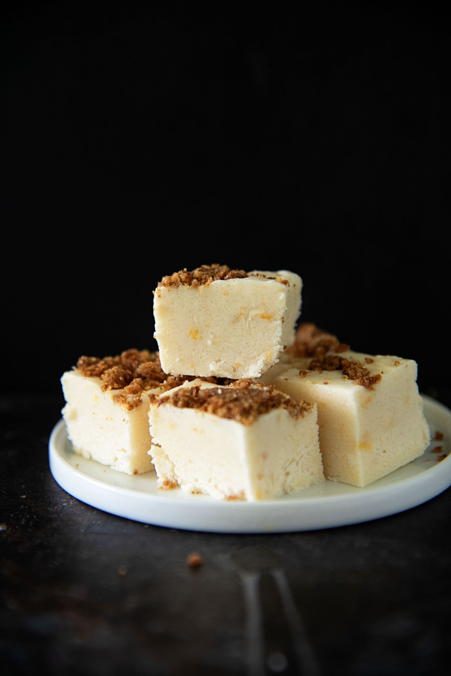 Side view of Peach Pie Fudge on a plate