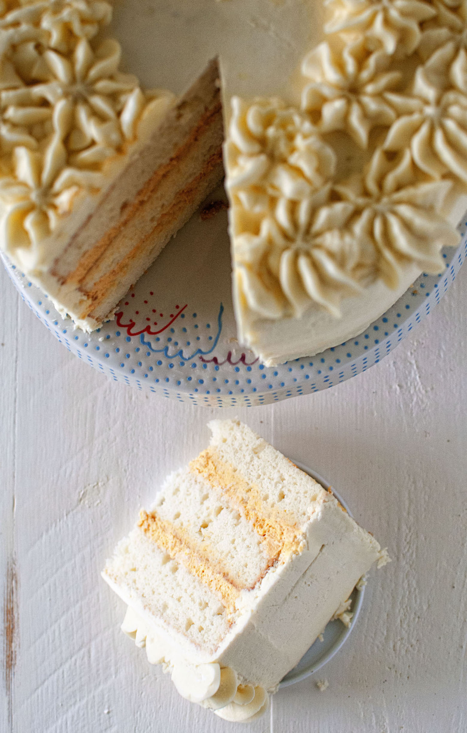 Overhead shot of Buttermilk Bourbon Pumpkin Cheesecake Layer Cake