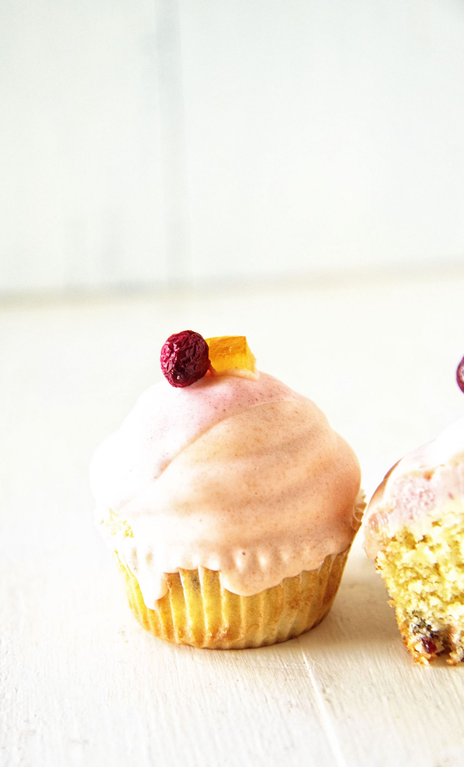 White Chocolate Dipped Orange Cranberry Cupcakes