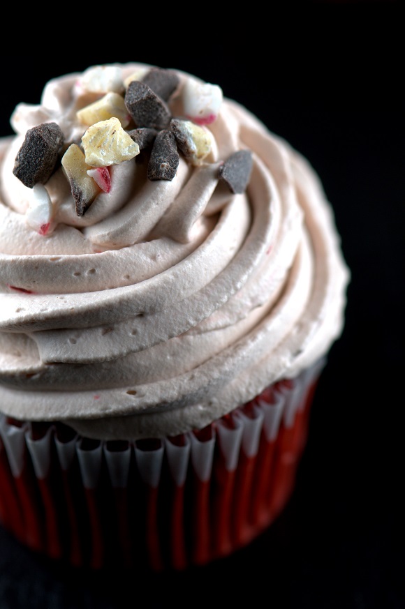 Peppermint Bark Red Velvet Cupcake with Hot Chocolate Whipped Cream Frosting