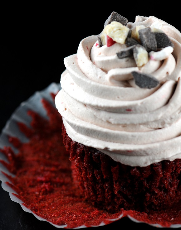 Peppermint Bark Red Velvet Cupcake with Hot Chocolate Whipped Cream Frosting