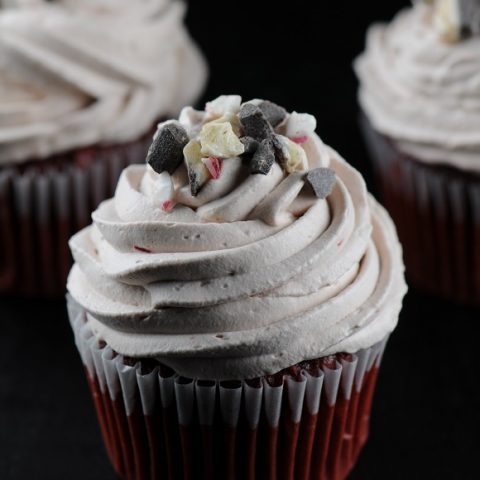 Peppermint Bark Red Velvet Cupcake with Hot Chocolate Whipped Cream Frosting