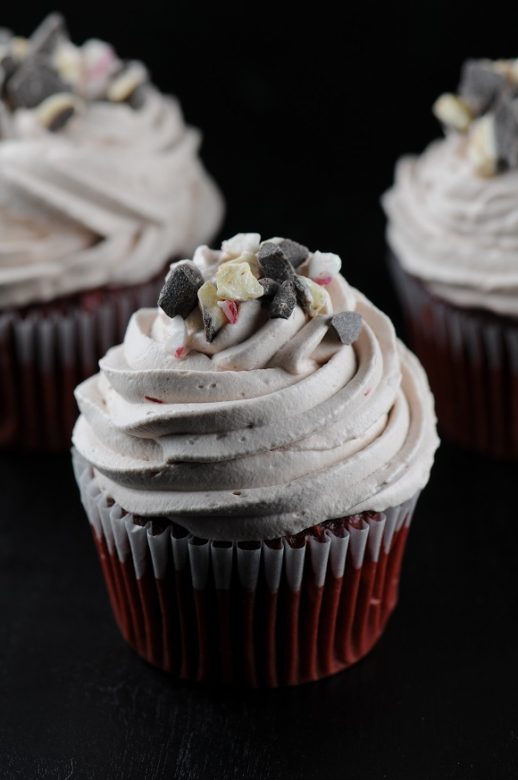 Peppermint Bark Red Velvet Cupcakes with Hot Chocolate Whipped Cream Frosting