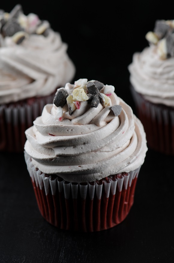 Peppermint Bark Red Velvet Cupcake with Hot Chocolate Whipped Cream Frosting